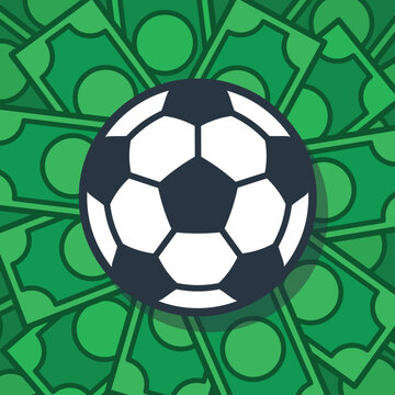 Soccer ball on green bank bills football and money