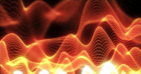 Abstract background of orange fiery futuristic glowing waves from particles of points and lines of energy and magic on a black background. Screensaver