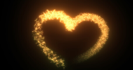 Golden yellow heart love glowing shiny for valentine's day holiday from magic energy lines and particles on black background. Abstract background