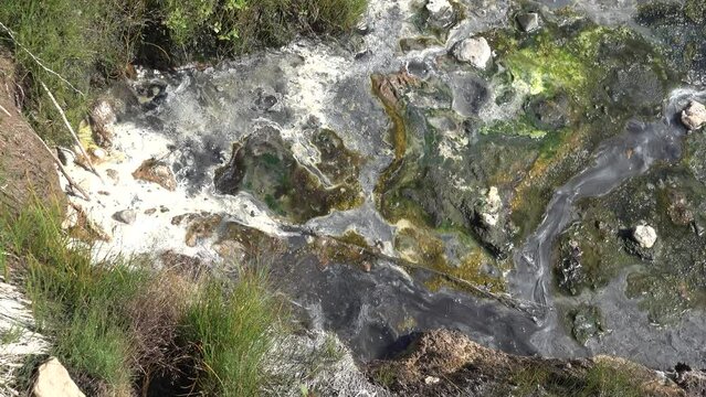 Semi-thermal area, geothermal fluid. Mineral hot springs is confined to post-volcanic phase, white ammonium chloride. Kamchatka.