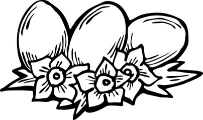 Easter eggs with spring flowers. Line art doodle vector illustration. Set of elements for decoration for happy Easter party.