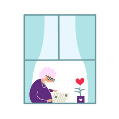 Old woman reading newspaper by open window. Flat vector illustration of granny