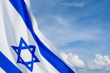 Israel flag with a star of David over cloudy sky background. Patriotic concept about Israel with...