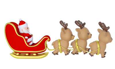 Santa Claus in red and gold sleigh with deer isolated on white background. 3d rendering     