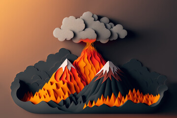 paper craft style illustration of erupt volcano - obrazy, fototapety, plakaty