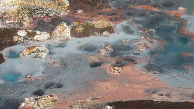 Semi-thermal area, geothermal fluid. Mineral hot springs is confined to post-volcanic phase, white ammonium chloride. Kamchatka