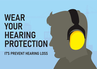 Banner and poster design on the recommendation to wear hearing protection to avoid noise. Worker with ear muff. Personal protective equipment.
