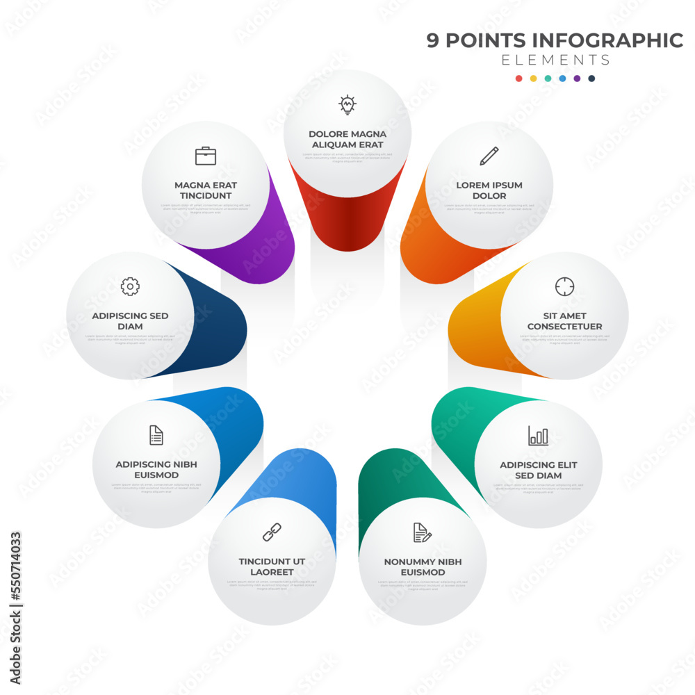 Poster 9 points circular infographic element, cycle layout diagram with icon and colorful color, can be use