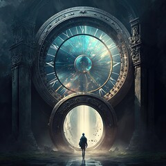 Obraz premium Fantasy temporary majestic stone portal to another world. Time Portal. Mysterious fantasy landscape, round arch, clock, noen light, night view. 
