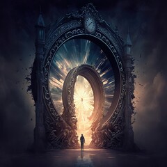 Fantasy temporary majestic stone portal to another world. Time Portal. Mysterious fantasy landscape, round arch, clock, noen light, night view.  - obrazy, fototapety, plakaty