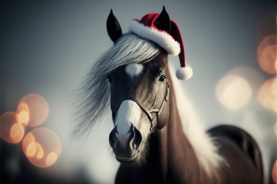 Horse with a christmas hat on, bokeh background, christmas banner