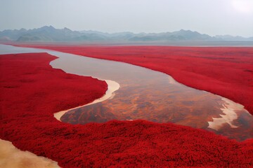 The Red beach is located in Panjin city, Liaoning, China. This is the biggest wetland featuring the red plant of Suaeda salsa in the world. - obrazy, fototapety, plakaty