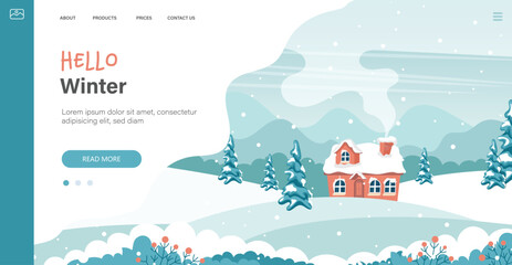 Naklejka premium Winter in village holiday template. Winter landscape with cute house and trees, merry Christmas greeting card template. Vector illustration in flat style