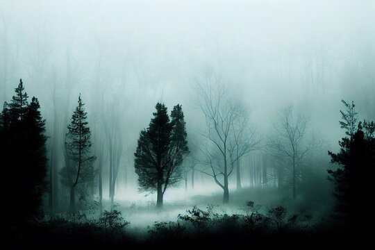 Scary mysterious forest in fog in autumn. Magic trees