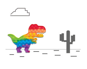 Flatlay picture of colourful pop it dinasour with pixel cactus and cloud. No internet connection...