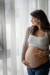 Portrait of a beautiful young pregnant woman standing by a big window and holding her belly. Always...