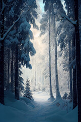 A beautiful winter forest scene with snow and beautiful lighting. Digital artwork.