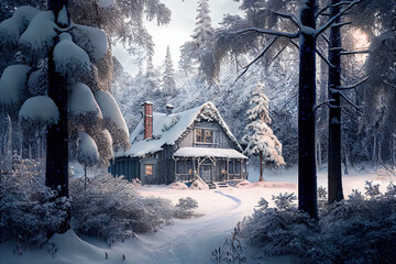 A gorgeous cottage hidden deep inside a forest in the middle of the winter. Digital artwork.