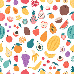 Fruits and berries seamless pattern. Exotic and tropical fruits seamless pattern. Flat, hand drawn texture for wallpaper, textile, fabric, paper. Hand drawn vector illustration