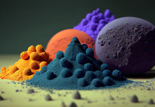 Abstract geometries created with glittery kinetic sand, violet, purple, blue and ocher colors. Suitable for a mobile phone or desktop wallpaper. Digital 3D illustration.