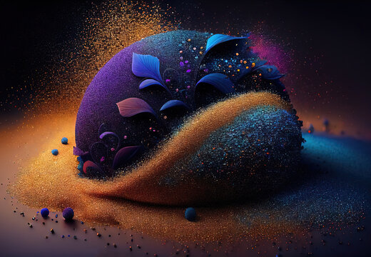 Abstract geometries created with glittery kinetic sand, violet, purple, blue and ocher colors. Suitable for a mobile phone or desktop wallpaper. Digital 3D illustration.