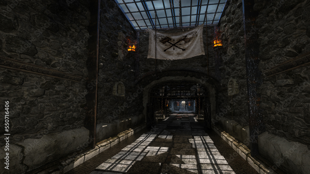 Poster dark moody tunnel in an old fantasy medieval castle. 3d illustration.