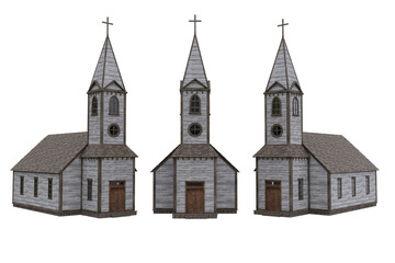 Old wild western wooden church with cross on top of the bell tower. 3D rendering with 3 angles isolated.
