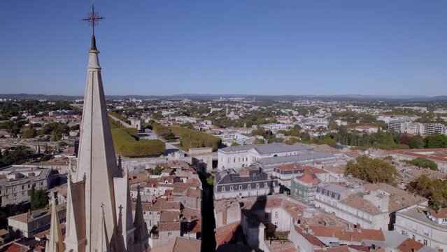 Aerial dolly with tilt down showing the Arc Triomphe and Carr&eacute; Sainte-Anne