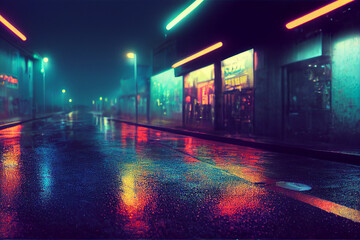 Digital illustration of neon lit streets on rainy night, colorful reflections
