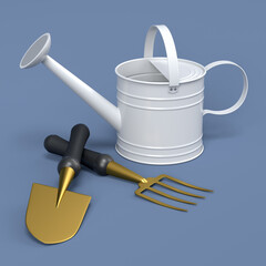 Watering can with garden tools like shovel, rake and fork on grey background.