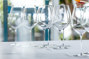 red or white wine glasses on the table during a wine testing