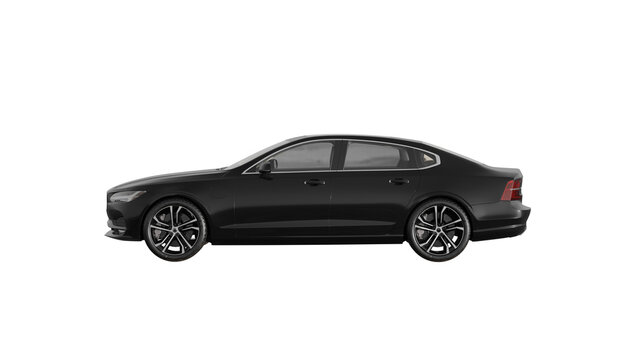 VOLVO S90, 3d rendering of VOLVO dark grey car on isolated PNG transparent background