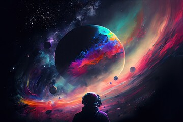 colourful spray paint art space scene with a center planet and an astronaut having enjoying the outlook, generative ai