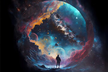 colourful spray paint art space scene of a space traveller in the center of the universe, generative ai