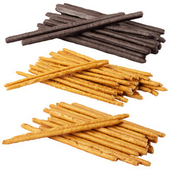 Collection of delicious bread sticks. Sugar bread sticks, with chocolate and sea salt isolated on white background with clipping path