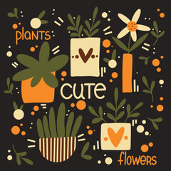 Collection of home plant on dark backgrounds. Home plants in a pots with ornament. Images with a flowers in a cute style for different designs.