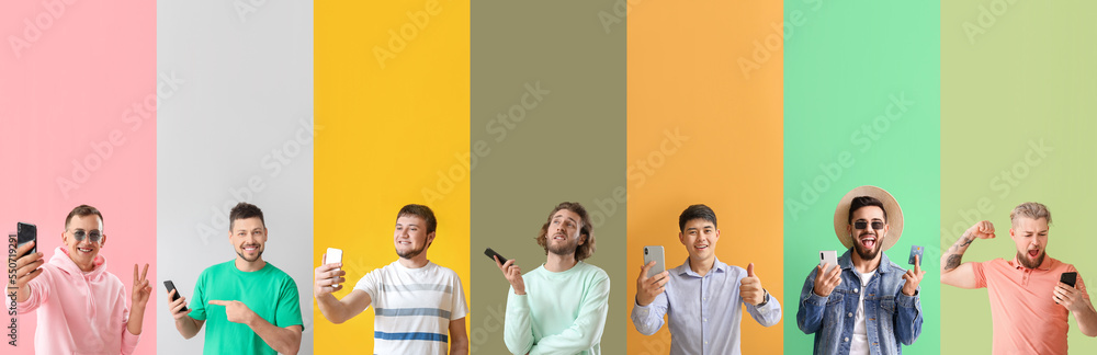 Sticker Set of men with mobile phones on color background