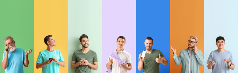 Group of modern men with mobile phones on color background