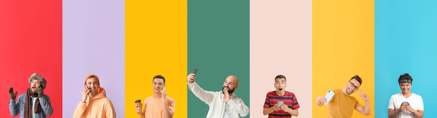 Collage of modern men with mobile phones on color background