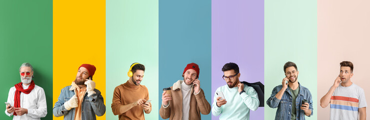 Collection of men with mobile phones on color background