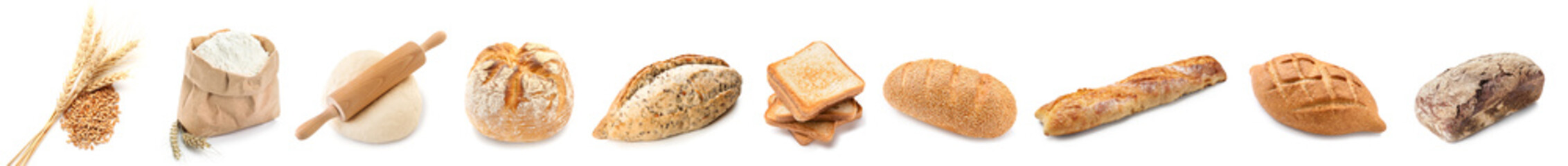 Set of crunchy loaves of bread with wheat spikelets, fresh flour and dough on white background