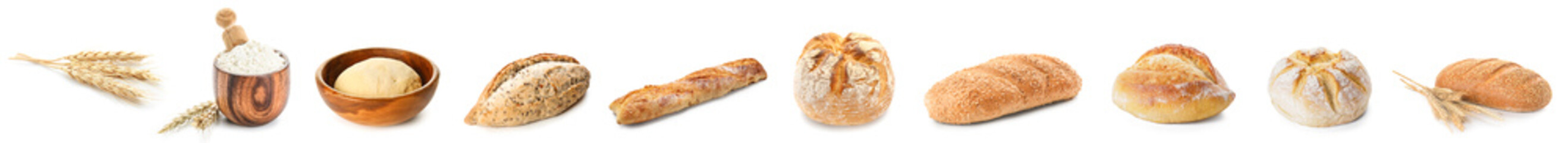Collection of crunchy loaves of bread with wheat spikelets, fresh flour and dough on white background