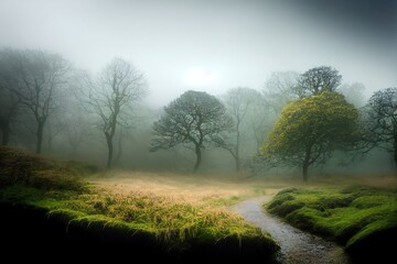 Fototapeta na wymiar A moody, ethereal lush woodland forest and twisted oak tree in atmospheric misty fog at Ravelston Woods in Edinburgh, Scotland.