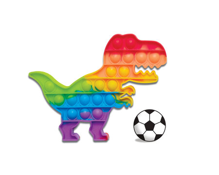 Flatlay picture of colourful pop it dinasour with football illustration