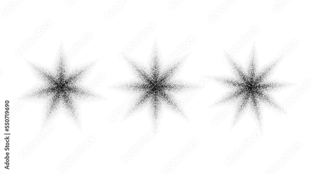 Poster dotted grain stars set. black noise texture asterisks collection. black stipple flares. halftone spa