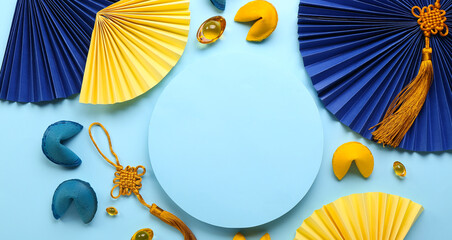 Blank card with Chinese symbols on blue background. New Year celebration