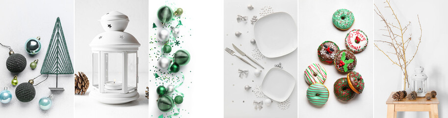 Christmas collage of different photos on white background
