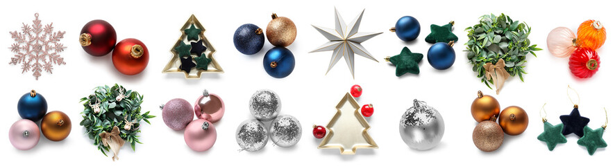 Collection of stylish Christmas decorations on white background