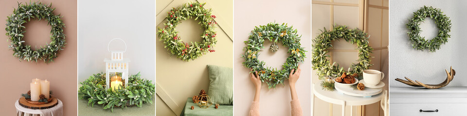 Collage of beautiful Christmas mistletoe wreaths in home interiors © Pixel-Shot