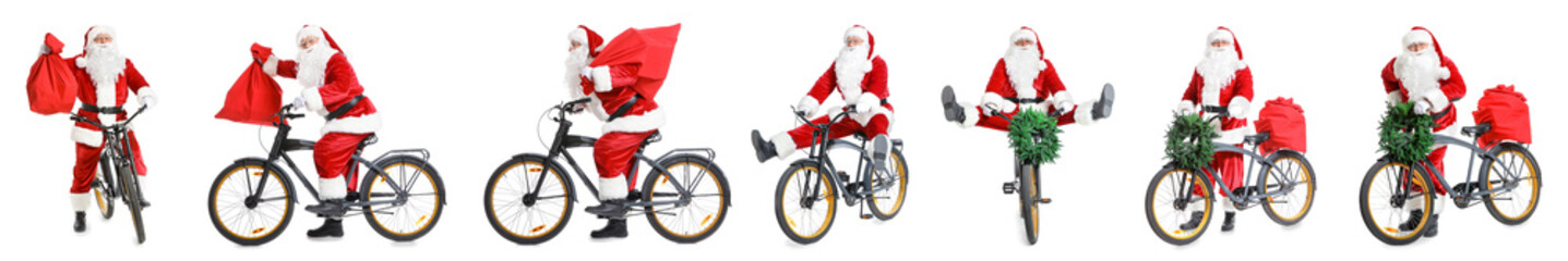 Set of Santa Claus with bag riding bicycle on white background